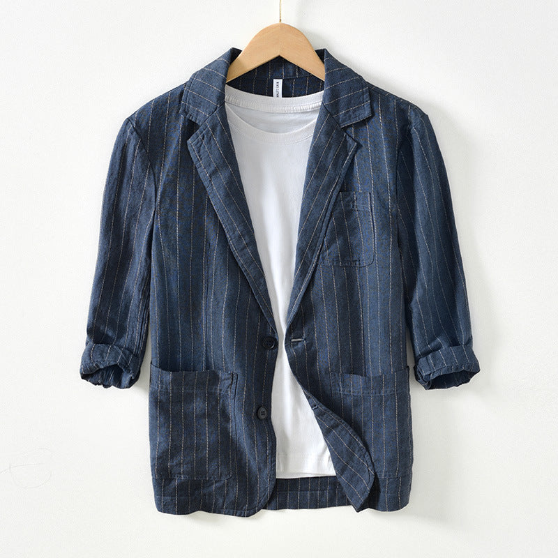 34 Sleeve Suit Jacket Men's Cotton And Linen Stripes Suit Jacket
